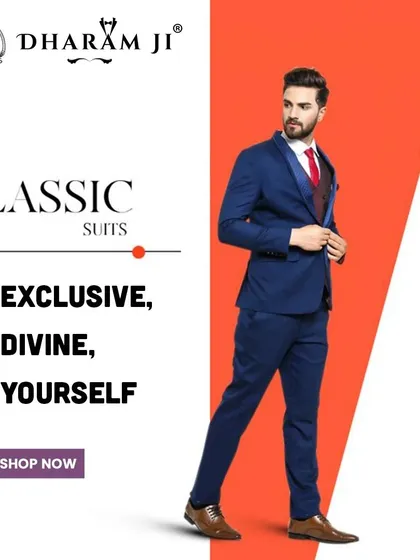 Be exclusive, be divine, be yourself. A graphic for my classic suits collection, featuring a model in a sharp navy blue suit.