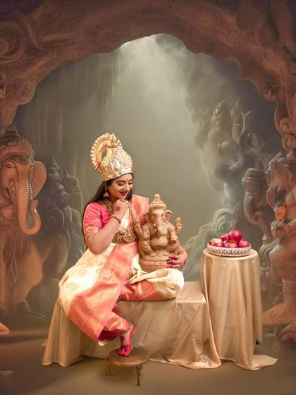 A divine Ganesha-themed maternity portrait. Here, the mother-to-be is depicted as a goddess in a sacred cave, surrounded by idols, creating a powerful image of creation and strength.