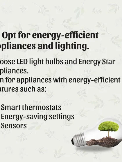 Tip 2: Opt for energy-efficient appliances and lighting. I recommend using LED bulbs, Energy Star appliances, and smart thermostats to help you save energy and reduce your carbon footprint.
