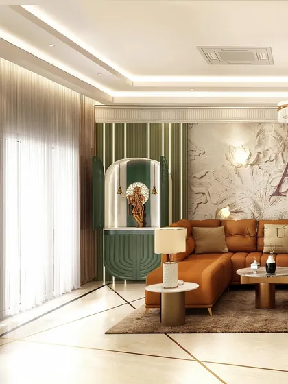 An inviting living room featuring a warm, rust-colored sectional sofa, a unique green accent chair, and a custom mandir unit seamlessly integrated into the design.