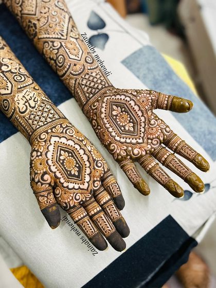 A symmetrical shot of Adiba's bridal henna on both hands.
