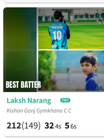 The scorecard highlighting Laksh Narang's incredible 212 runs, which included 32 fours and 5 sixes.