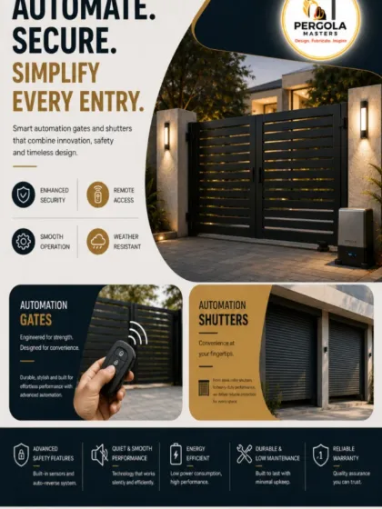 This infographic details the features and benefits of our smart automation systems for gates and shutters. It highlights enhanced security, remote access, weather resistance, and smooth, quiet operation for modern living.