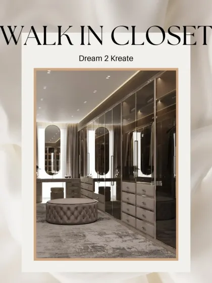 A graphic title card for a sophisticated walk-in closet, showcasing its modern and opulent design.