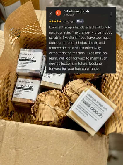A 5-star review from a happy customer in West Bengal. She loved our handcrafted soaps and the Cranberry Crush body scrub.