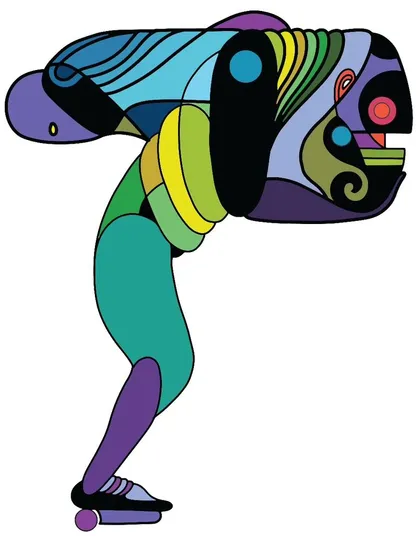 An abstract, multi-colored figure on wheels, representing movement and the journey of life.