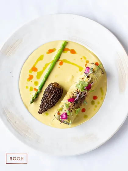 A full plate view of the Palak Mushroom Cannelloni, showing the beautiful presentation with the creamy sauce and vibrant garnishes.