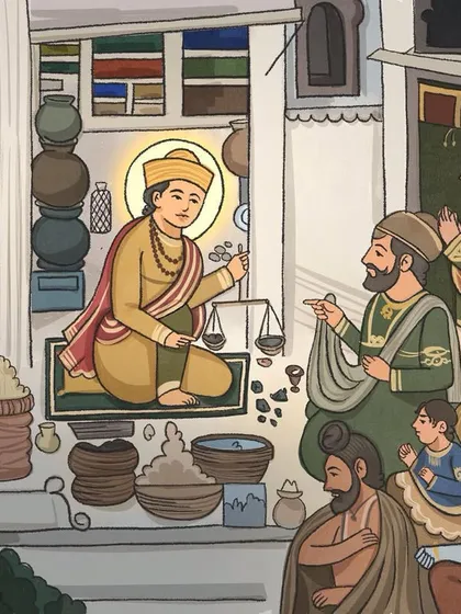 An illustration of the 'Tera Tera' Sakhi of Guru Nanak Dev Ji, a story that is central to my faith and art. It represents the principle of selfless service and seeing the divine in all of creation.