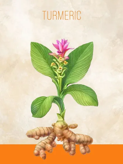 A botanical illustration of the Turmeric plant, showing the vibrant flower and the powerful rhizome (root) below. We source our turmeric from Sangali to ensure it has the highest potency for its anti-inflammatory benefits.