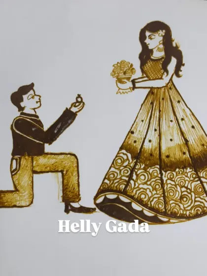 A minimalist yet powerful sketch of a proposal. This design perfectly captures the emotion of the moment he asked, making it a beautiful centerpiece for an engagement mehndi.