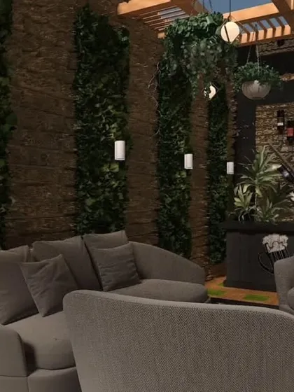 A render of a cozy bar nook within a pergola, featuring a dark color palette and wall-mounted wine racks.