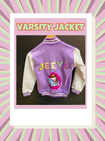 A magical varsity jacket for a little mermaid fan. The purple jacket with a custom name and mermaid patch is a dreamy combination.