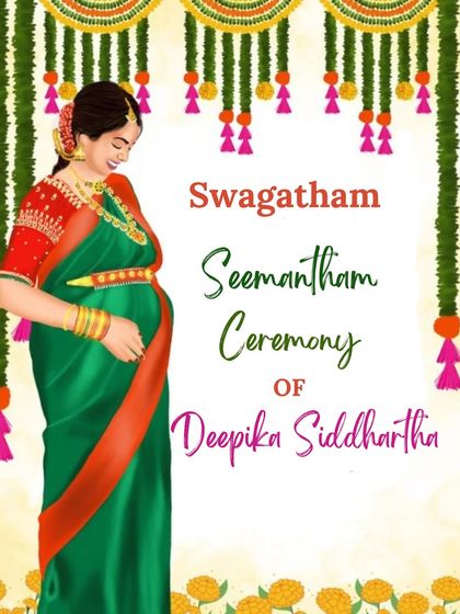 A custom welcome board for a Seemantham ceremony, with a traditional design featuring marigold garlands and an illustration of the mother-to-be.