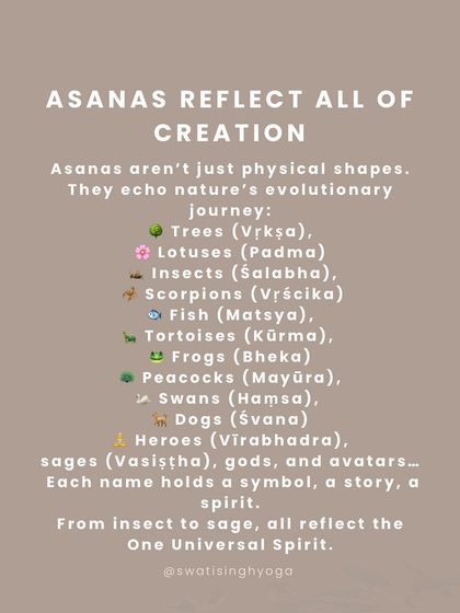 Asanas reflect all of creation, from trees and insects to heroes and gods. Each name holds a symbol and a story, reminding us that all forms reflect the One Universal Spirit.