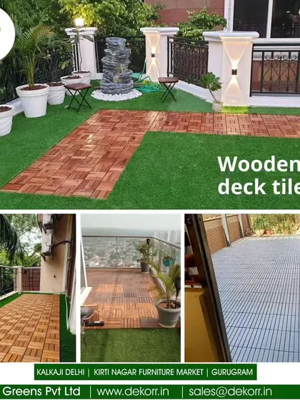 Our wooden deck tiles are a fantastic way to upgrade any outdoor floor. Here they are used with artificial grass to create a stylish and practical terrace pathway. They are easy to install and built to last.