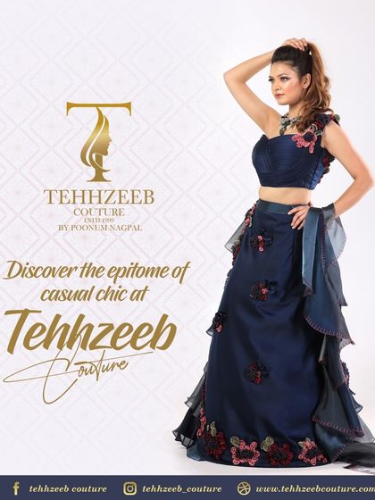 Discover the epitome of casual chic at Tehhzeeb Couture. This navy blue floral lehenga is perfect for a stylish yet comfortable look.