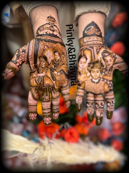 A challenging but rewarding design featuring a full family portrait on the groom's hands, a unique way to celebrate family bonds.