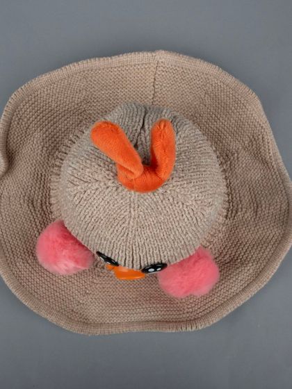 A top-down view of a quirky, duck-themed knitted hat for kids.
