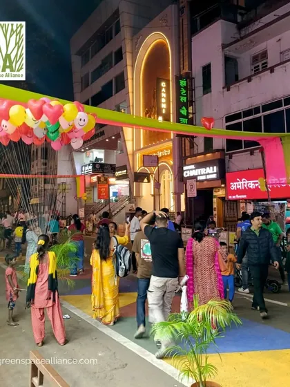 A festive scene on Pune's Lakshmi Road during Pedestrian Day. Our team participated in this event to advocate for "Complete Streets" that are vibrant, inclusive, and safe for everyone, transforming them from traffic corridors into lively public spaces.