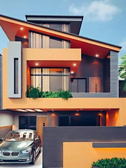 This architectural design features a distinctive angled roofline and a vibrant color scheme, making a bold statement. The combination of solid volumes, recessed balconies, and large windows creates a dynamic and unique home exterior.
