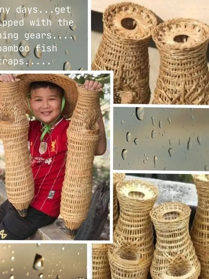 A collage celebrating the monsoon season with our traditional bamboo fish traps. These handcrafted items are not only functional but also represent a deep connection to nature and sustainable living practices.