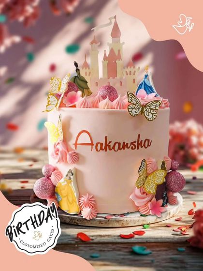 A fairytale castle cake fit for a princess. This pink cake is adorned with Disney princesses, golden butterflies, and delicate details, creating a truly magical birthday centerpiece.