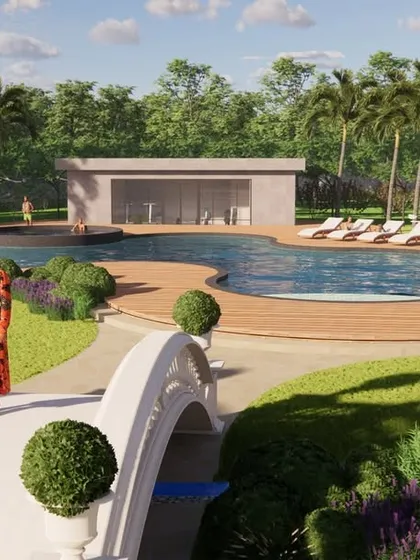 This 3D visualization showcases a sprawling, resort-style landscape we designed for a private residence. The layout includes a freeform swimming pool, an elegant footbridge, and manicured lawns, illustrating our ability to handle large-scale, multi-faceted projects from concept to completion.