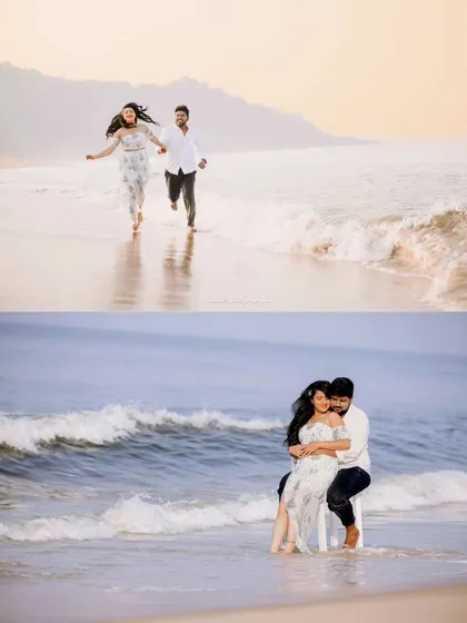 Two beach scenes are shown here: one of the couple running along the water's edge and another of them sharing a quiet moment as the waves roll in.