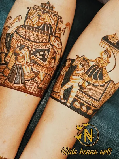 A royal bridal entry scene, showing the bride in a doli carried on an elephant and the groom arriving on a horse. This is a grand and traditional theme for a full bridal mehandi.