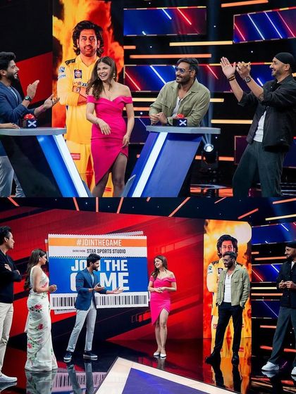 A collage from the IPL promotional event, showing the full cast interacting on set.