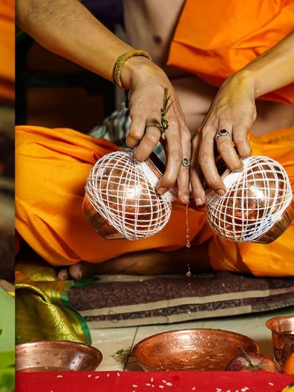 A close-up of the sacred 'kalash' and other ritual items used in a thread ceremony. Capturing these details is important to tell the complete story of the Munj and its deep-rooted traditions.