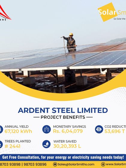 Ardent Steel Limited engaged my services to develop their solar photovoltaic system. This 52.54 KWp system saves them over ₹6 lakhs annually and reduces CO2 emissions by over 53,000 tons.