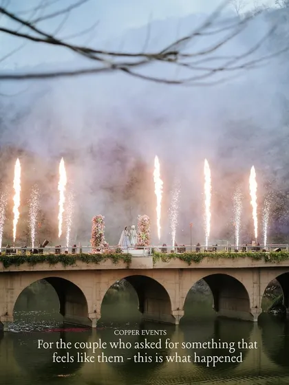 For the couple who asked for something that feels like them, this is what happened. A moment suspended in time, with firework-laced vows on a bridge in Udaipur, crafted with heart, heritage, and haute design.