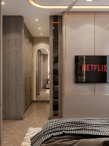 This view shows the walk-in closet area, seamlessly integrated into the guest room design. The use of wood textures and high-gloss panels creates a sophisticated and welcoming space for visitors.