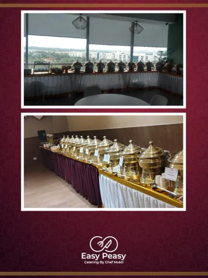 A collage showing our buffet setups in two different indoor locations, one with a scenic city view and another in a classic banquet hall.
