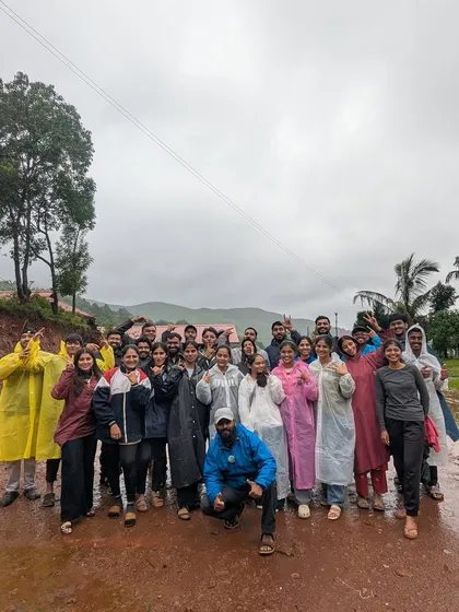 Our big group of adventurers, ready to start the Kudremukha trek, fully prepared for a rainy day.