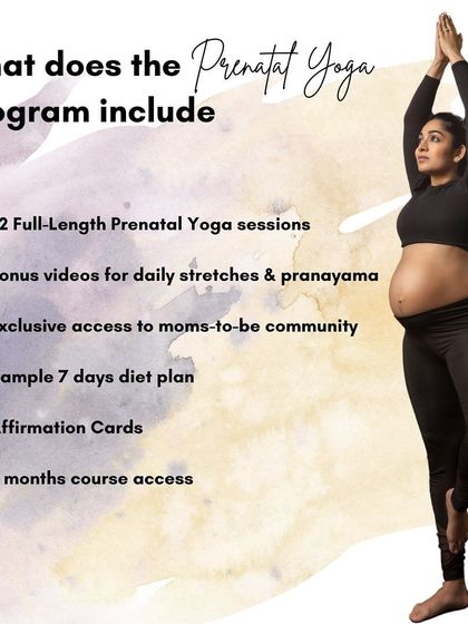 Here is exactly what my Prenatal Yoga Program includes. You get 12 full sessions, daily stretch videos, community access, a diet plan, affirmation cards, and six months of access.