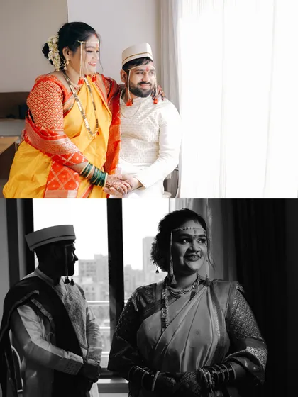 A mix of color and black and white portraits of the couple by a window. This shows my versatility in capturing their connection using different photographic styles.