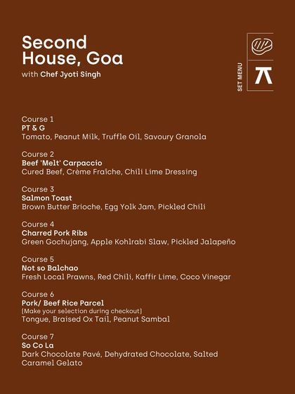 The non-vegetarian set menu for The Second House, Goa, featuring dishes like Beef 'Melt' Carpaccio, Charred Pork Ribs, and a Dark Chocolate Pavé.