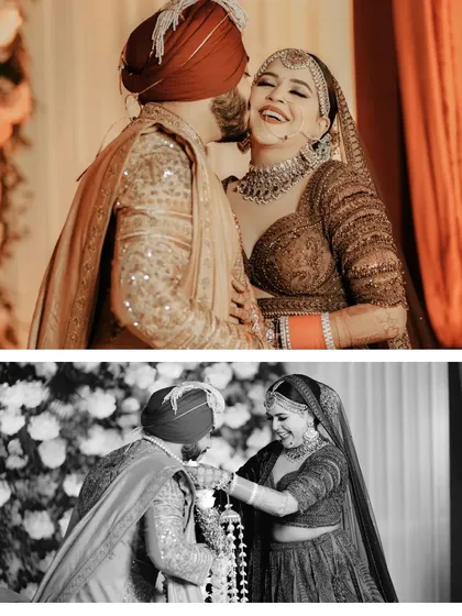 A diptych capturing the couple's laughter and a tender moment of the groom kissing the bride's hand.