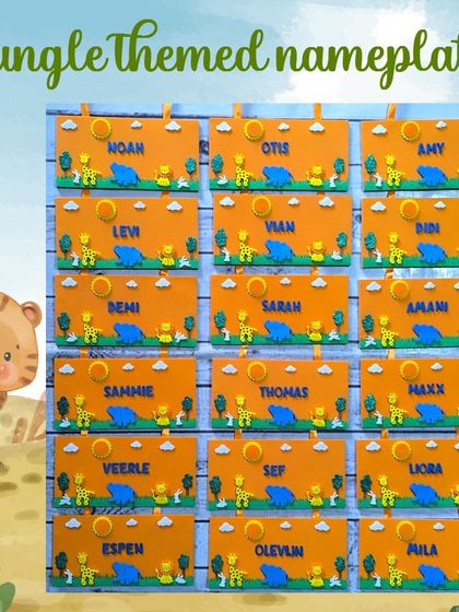 These custom jungle-themed nameplates are a wonderful and lasting gift. I can personalize each one with a child's name, and I even shipped this batch of 18 to the Netherlands.