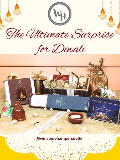 An expansive view of the "Ultimate Surprise for Diwali" hamper collection. This spread showcases a variety of products from my collaboration with Art of Puja, including devotional items, sweets, and dry fruits, ready to be gifted.