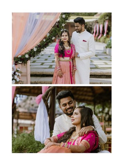 A collage showing the couple in their beautiful pink and white engagement outfits, captured at the elegant Tamara resort.