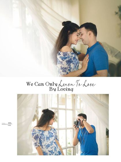 This collage pairs an intimate embrace with a fun, meta shot of the groom photographing the bride, adding a playful and personal layer to their story.