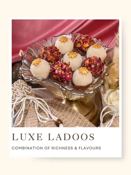 My luxe ladoos are a combination of richness and flavor. This platter showcases coconut and rose-petal-covered ladoos, an artisanal treat that adds a touch of elegance to any occasion.