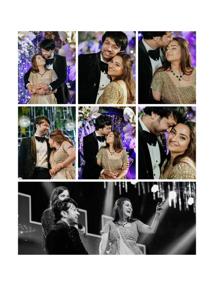A collage capturing the many moods of a reception, from romantic slow dances to a fun performance on stage.