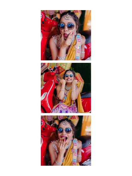 A vertical collage of a bride's fun and expressive moments from her Mehendi ceremony.