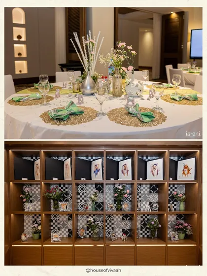 Details from the mirror mosaic Haldi, including the elegant tablescapes and a beautifully styled shelf displaying photos of the couple.