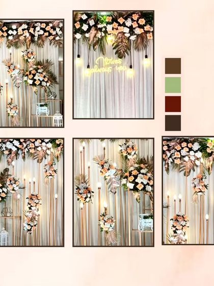 A collage showcasing the versatility of our minimalist decor, featuring peach and white flowers, elegant lighting, and clean lines for a sophisticated look.