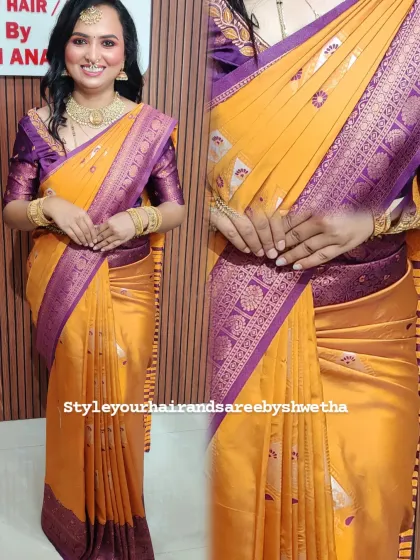 A side-by-side look at the full bridal drape and a close-up of the pleat work. I ensure every fold is crisp and the silhouette is sculpted to enhance the bride's natural grace.